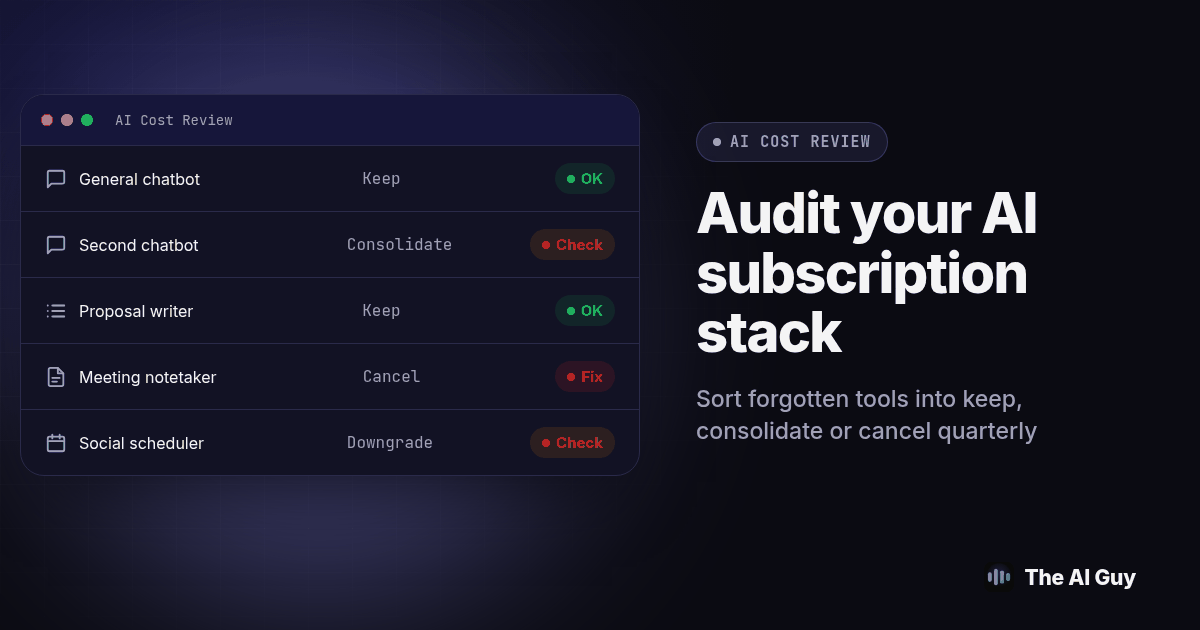Dashboard panel for Audit your AI subscription stack listing General chatbot, Second chatbot, Proposal writer, Meeting notetaker, Social scheduler