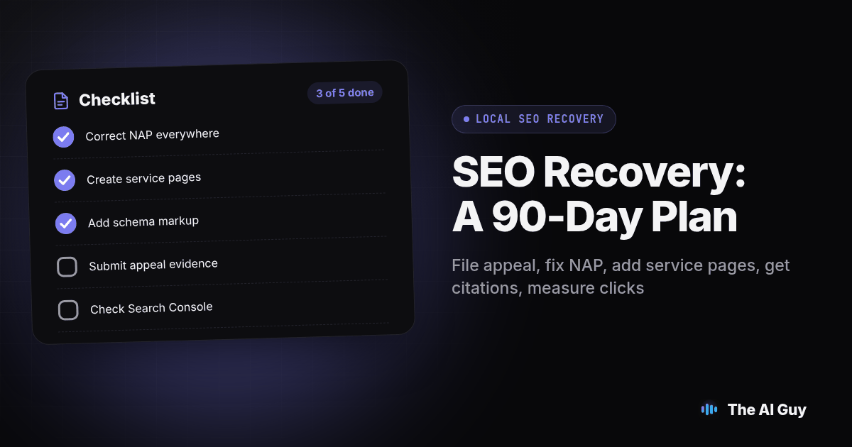 Checklist card for SEO Recovery: A 90-Day Plan: Correct NAP everywhere, Create service pages, Add schema markup, Submit appeal evidence, Check Search Console